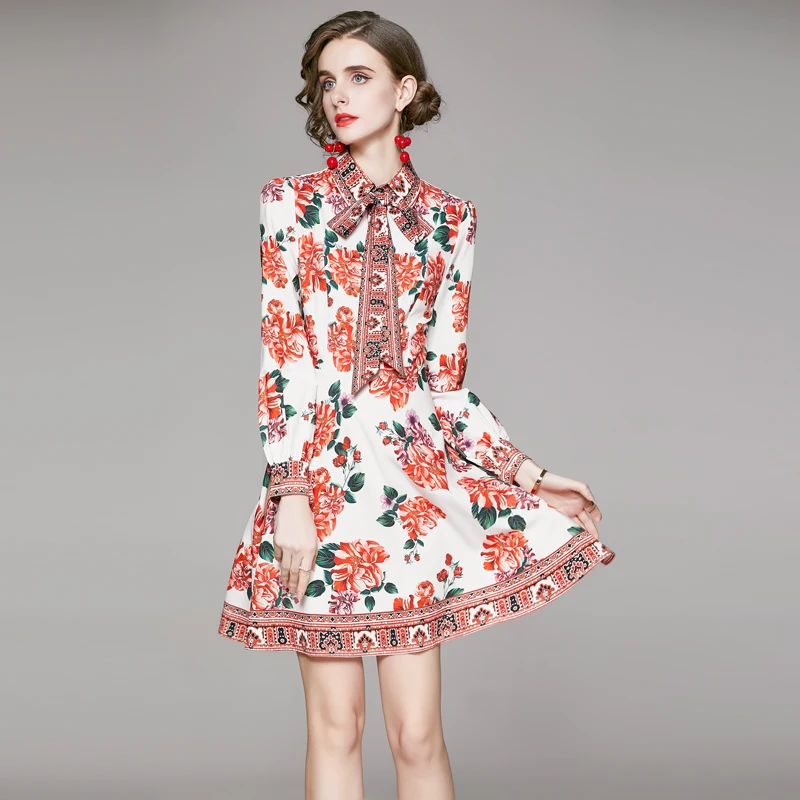 

2021 Designer Runway Woman Fashion Girl`s Dresses Floral Print Long Sleeve Ladies Elegant Party Casual A-Line Mini Beach Dress