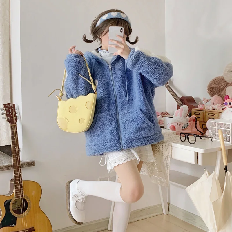 Sweet Cute Kawaii Girl Lolita Jacket 2021 Winter New Warm Thick Zip Up Vintage Faux Fur Coat Pink Blue Loose Hooded Jacket Women