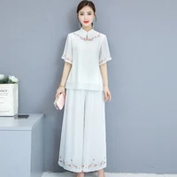 2020 sets for women summer new fashion casual two piece set female short sleeve top wide leg pants suit chinese style chiffon