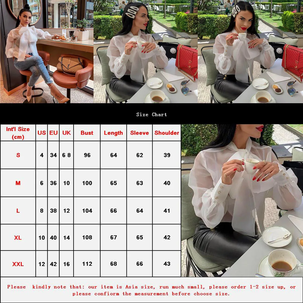 

Women Mesh Sheer Blouse Top See-through Long Sleeve Shirt Blouse Fashion Lace-up Bowknot Transparent White Shirt Female Blusas