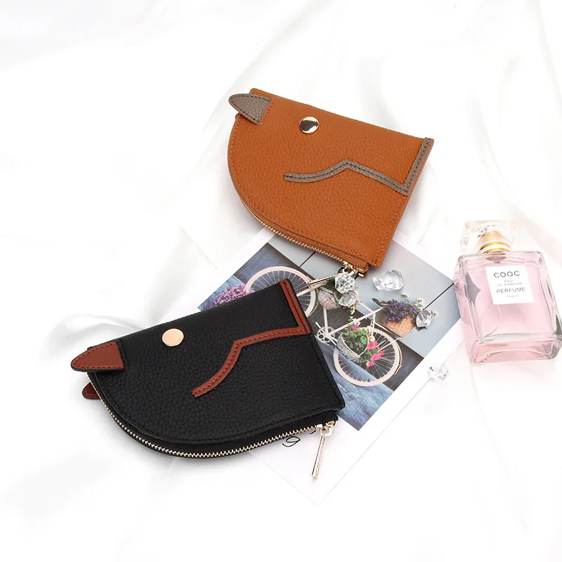 

Top Layer Cow Leather Lychi Pattern Cartoon Horse Head Shape Cute Coin Purse Lady Fashion Versatile Cash Bag Lipsticks Holder