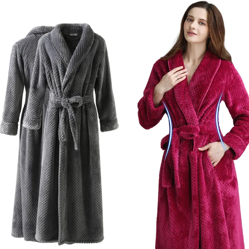 M-XXL Autumn And Winter New Bathrobes For Men  Women Couples Waist Coral Velvet Long Thickened Flannel Nightgown Sleepwear