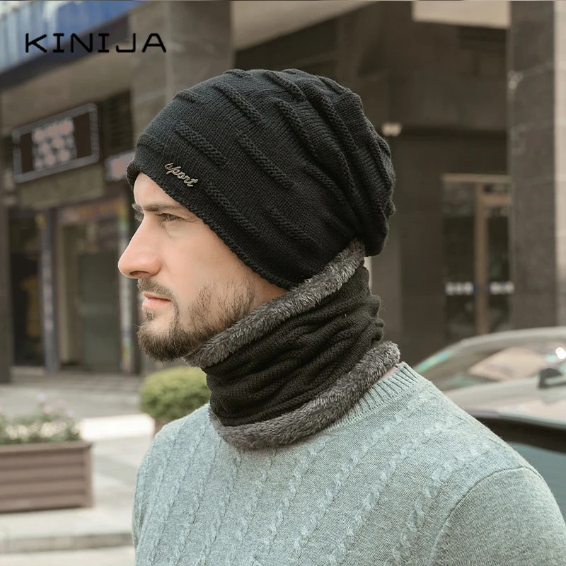 Мужская шапка + шарф комплект Осень зима теплая шерстяная Кепка уличная