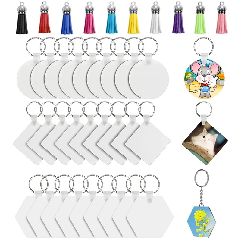 

Sublimation Blank Keychain Heat Transfer Keychain MDF DIY Blank Keychain with Key Chains and Colorful Tassels (60Pieces)