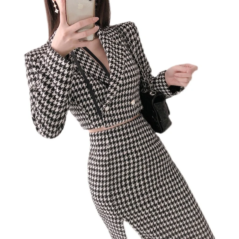 Autumn Winter Vintage Houndstooth Skirt Set Women's Elegant Two-Piece Set Layies Blazer Jacket  Package Hip Skirt Female Outfit