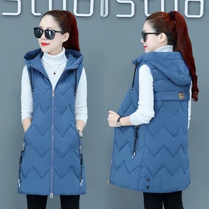 Женский Длинный жилет с воротником-стойкой, Приталенный жилет без рукавов с хлопковой подкладкой, корейский модный жилет на молнии для зимы