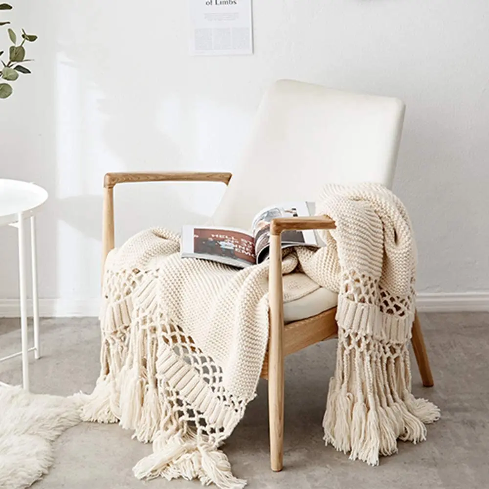 

Nordic HOME Woven Throw Blanket with Tassels 47x71 Inch Handmade Farmhouse Boho Soft Cozy Blanket for Bed Sofa Couch Ivory Cream