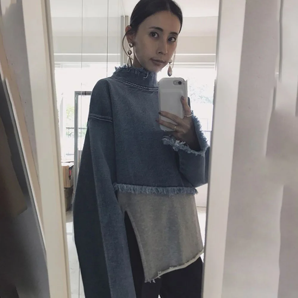 Женский джинсовый свитер с длинным рукавом свободный синий пуловер в стиле