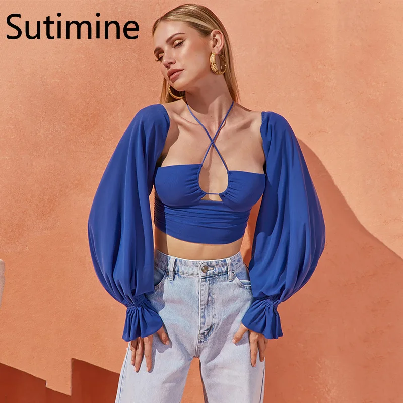 

Sutimine Woman clothes Halter Hollow Out Sexy Short Fall T Shirt Women 2021 New Backless Crop Top Casual Party Clubwear T-shirt