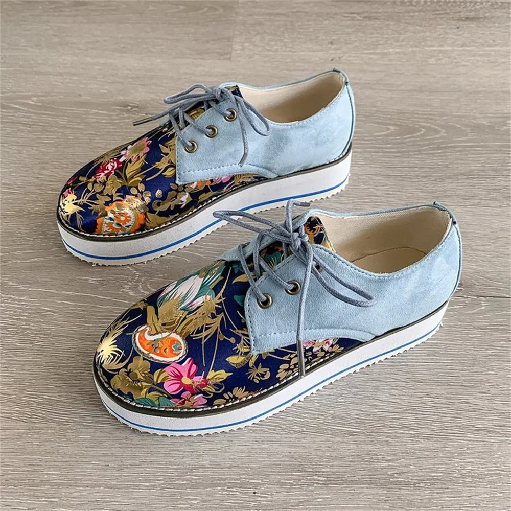 

Women Casual Shoes Fashion Floral Print Lace Up Ladies Thick Bottom Shoes Comfortable Outdoor Larged-Size Female Flats