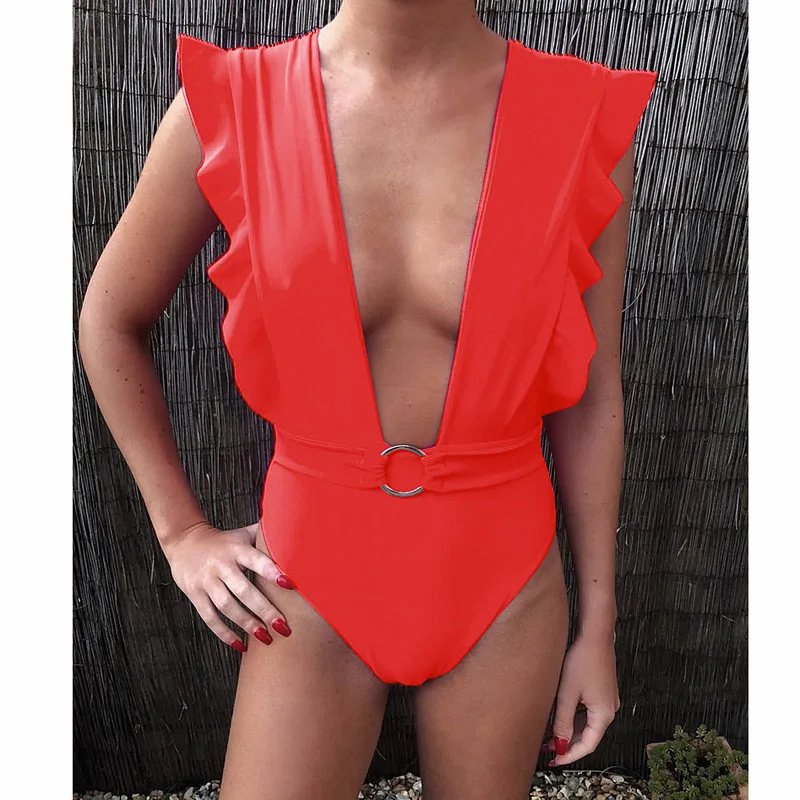 B Для женщин Одна деталь купальник с глубокой купальные костюмы V-Neck оборками боди Maillot De Bain купальный костюм пуш-ап Пляжная одежда - Цвет: B