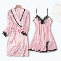 summer new sexy silk sling gowns robe suit comfortable thin bathrobe morning gown lace nightwear home wear sexy sleepwear
