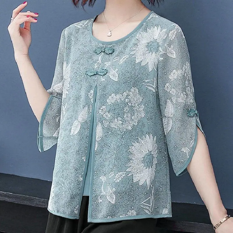 

MOYISU New Plus Size Women Blouse Spring Summer Temperament Chiffon Shirts Female Casual Half Sleeve O-Neck Purple Tops