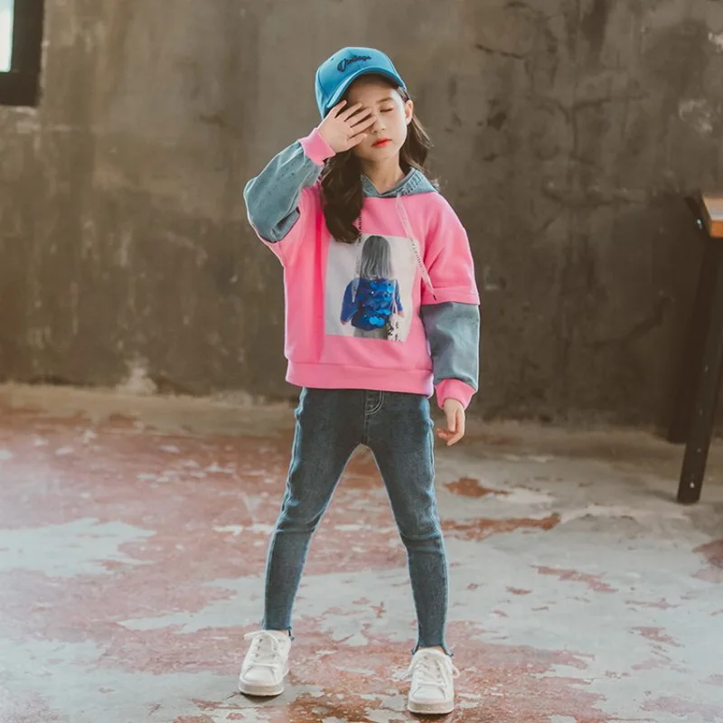 2019 осенний костюм-свитер для девочек спортивный розовый хлопковый топ с