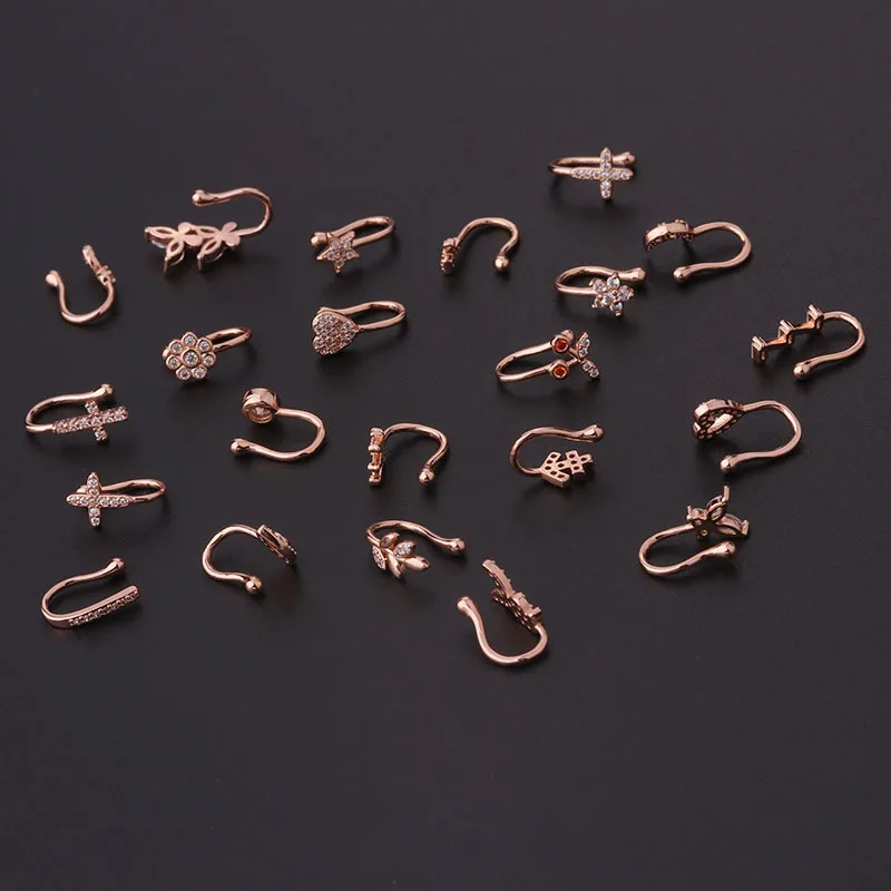 2022 New 1Pc Fake Piercing Clip Nose Ring Cuff Body Jewelry for Women Trend Ear Cuffs Heart Star Flowers Butterfly Clip Rings images - 6