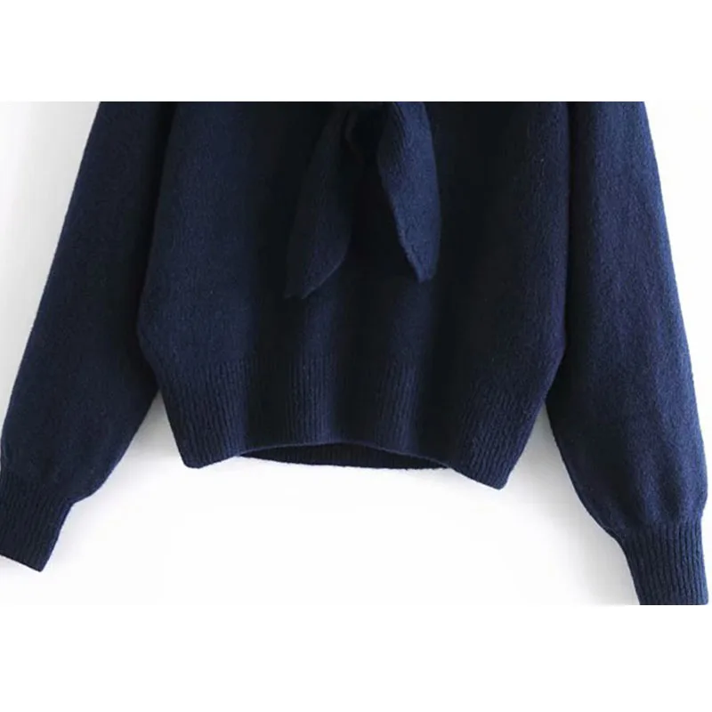 

High Quality Women 2020 Fashion With Knot Ribbed Trims Knitted Sweater Vintage Long Sleeve Female Pullovers Chic Tops