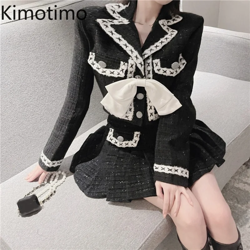 

Kimotimo Tweed Sets Women Korean Chic Retro Elegant Bow Rim Long Sleeve Short Jacket + High Waist A-Line Pleated Mini Skirt Ins