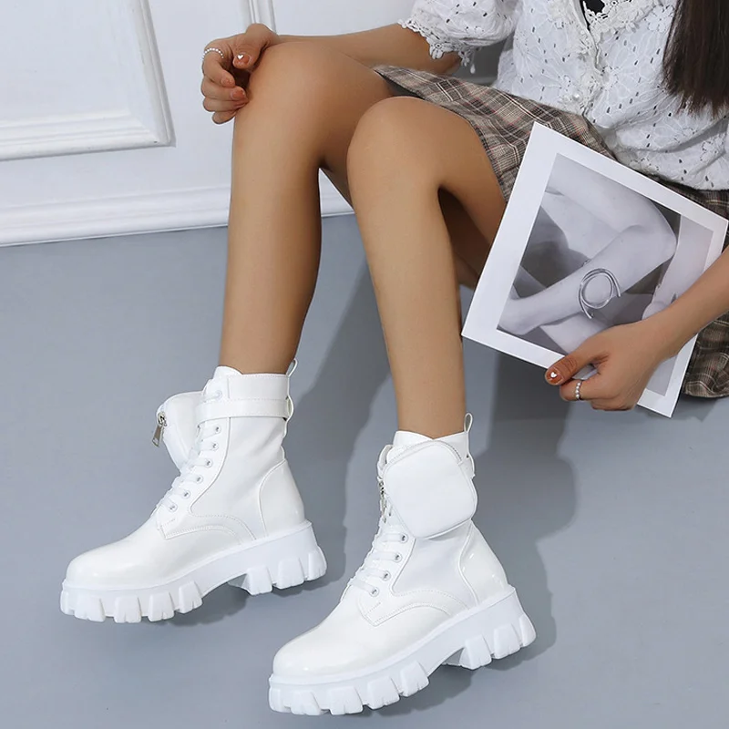 

Ladies Boots Shoes Female Autumn Pocket Ankle Boots Design Thick Bottom Round Toe Lace Up British Fashion Plus Size 2021 Fashion