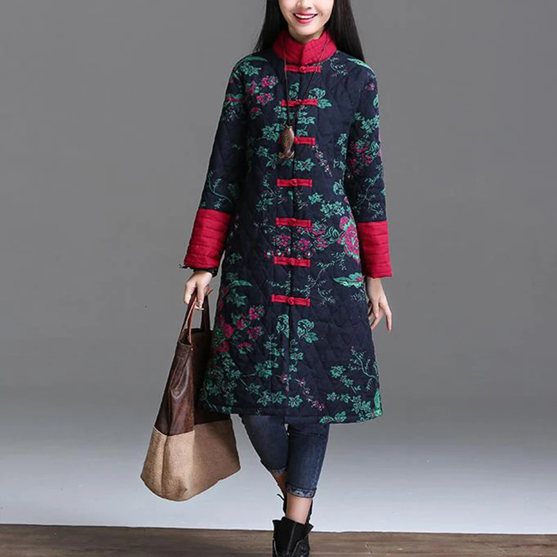 Китайская Красная Цветочная женская зимняя теплая длинная куртка винтажное