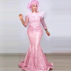 Женское вечернее платье с юбкой годе Aso Ebi, розовое платье с рукавами три четверти телесного цвета, с круглым вырезом и оборками, юбка-годе