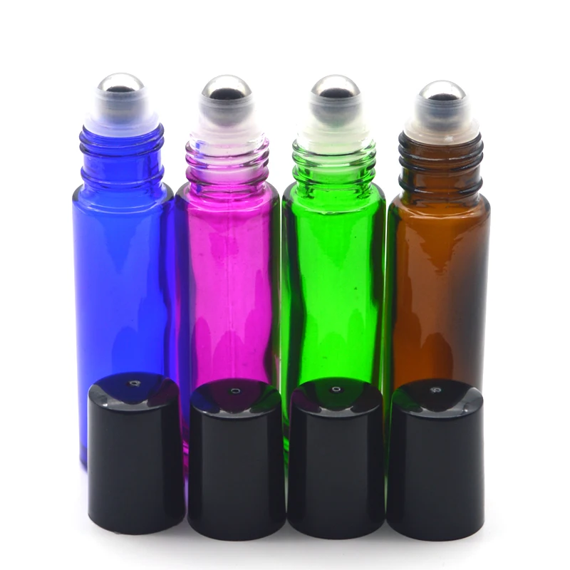 50pcs Empty 10ml Color Thick Glass Roller Bottle Perfume Essential Oil Test Vial Roll-On Black Plastic Cap