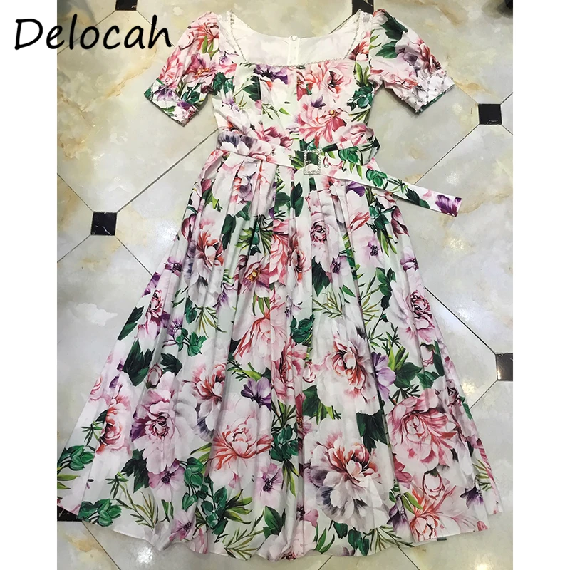 

Delocah Новинка 2021, летнее женское модное подиумное шифоновое платье с рукавами-фонариками, бантом и поясом, элегантные платья миди с цветочным...