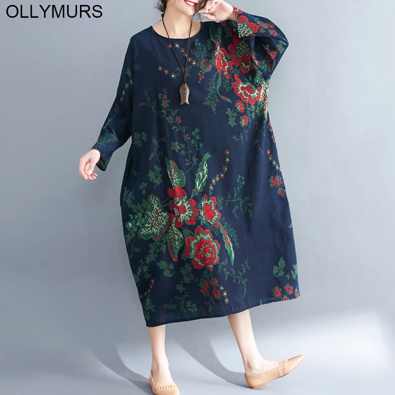 Элегантное хлопковое льняное платье свободного кроя с длинным рукавом размера