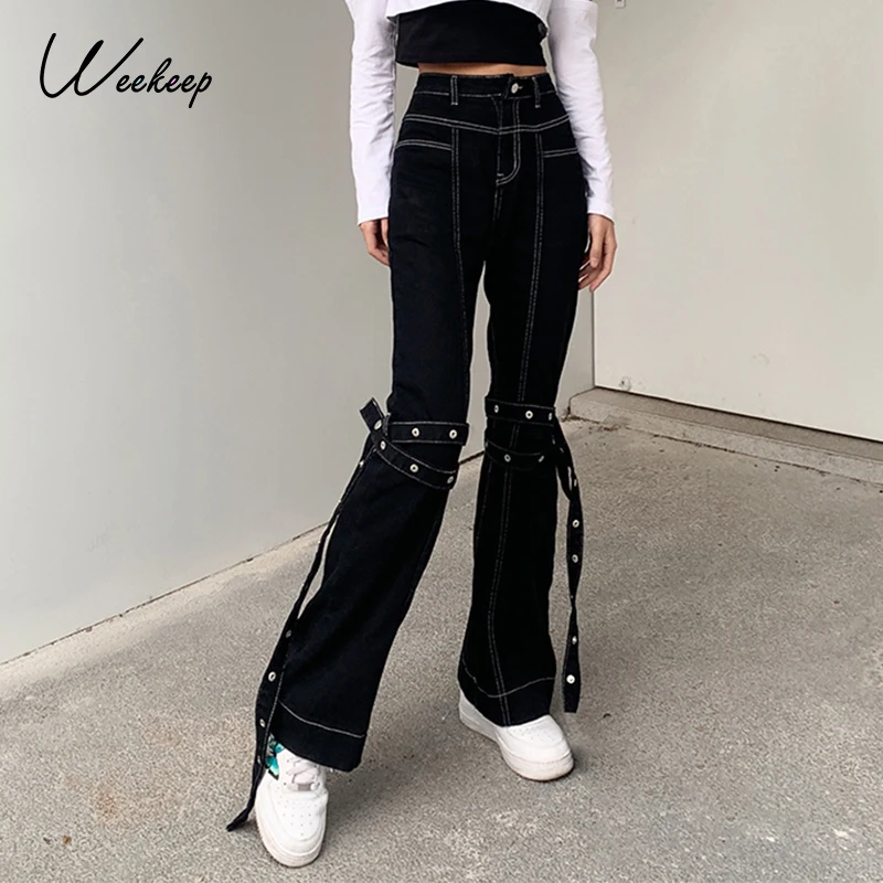 

Weekeep Black Harajuku Jeans New Aesthetic Vintage Ribbons Denim Pants Streetwear High Waist Flare Pants Korean Slim Trouser New