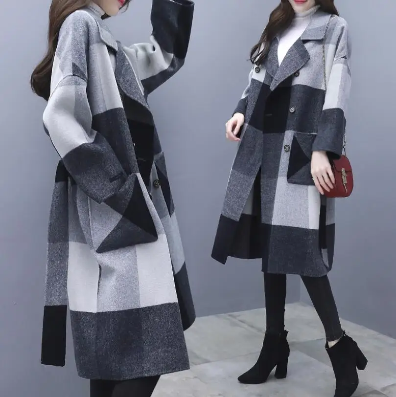 

Women's long woolen coats 2020 spring autumn loose contrast color black white female wool coat top ladies streetwear belt trench