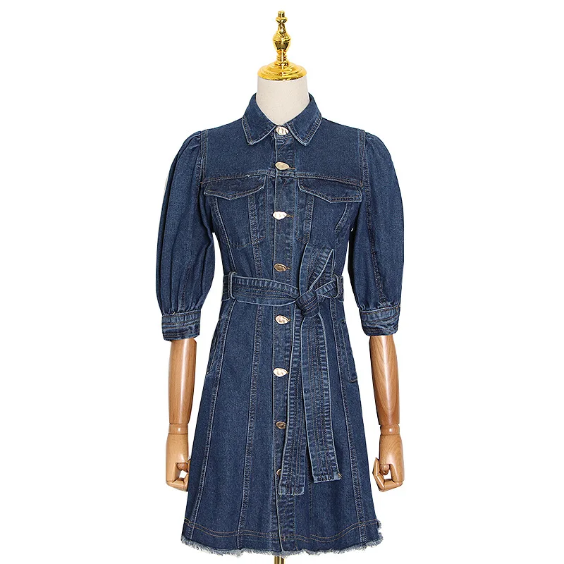 

Australia station 2020 summer new fashion Lapel bubble sleeve single breasted lace up waist dress for women