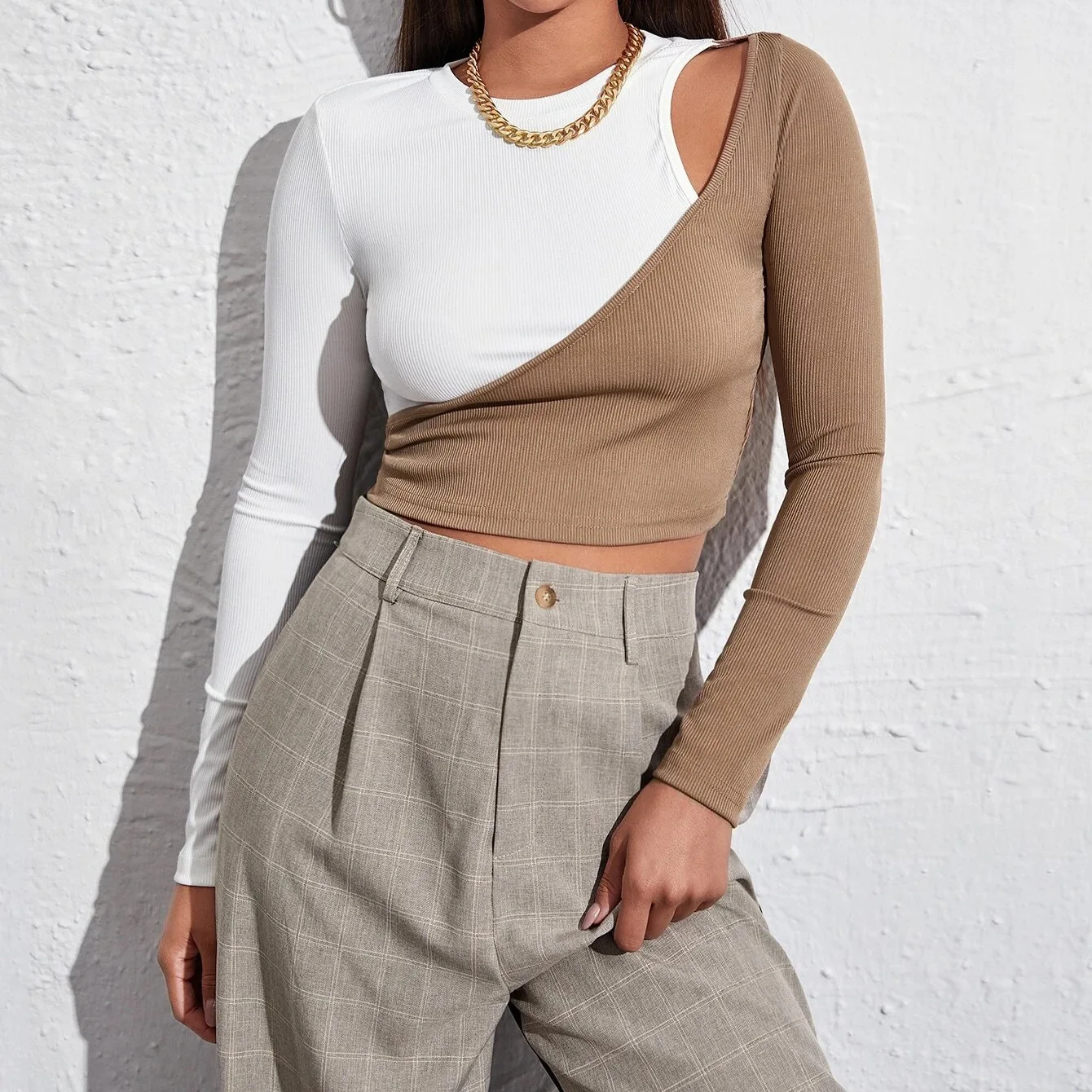 

2021 Spring Autumn Women T-Shirt Sexy Ribbed Knitted Tops Fashion O-neck Long Sleeve Patchwork Hollow Out Crop Tops 121731WTA