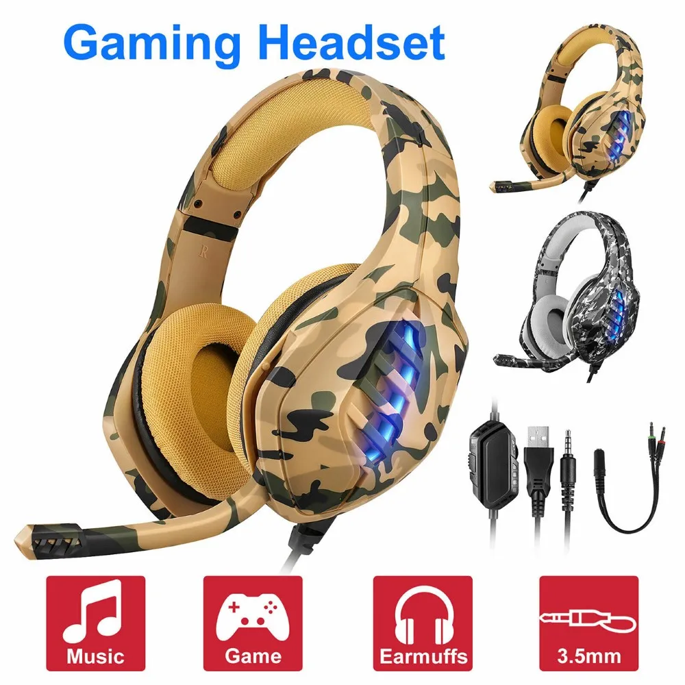 

Camouflage USB Wired Gaming Headset 3.5mm Deep Bass Stereo Surround RGB Light Headset For PS4 Xbox One/PS5 Phone Laptop