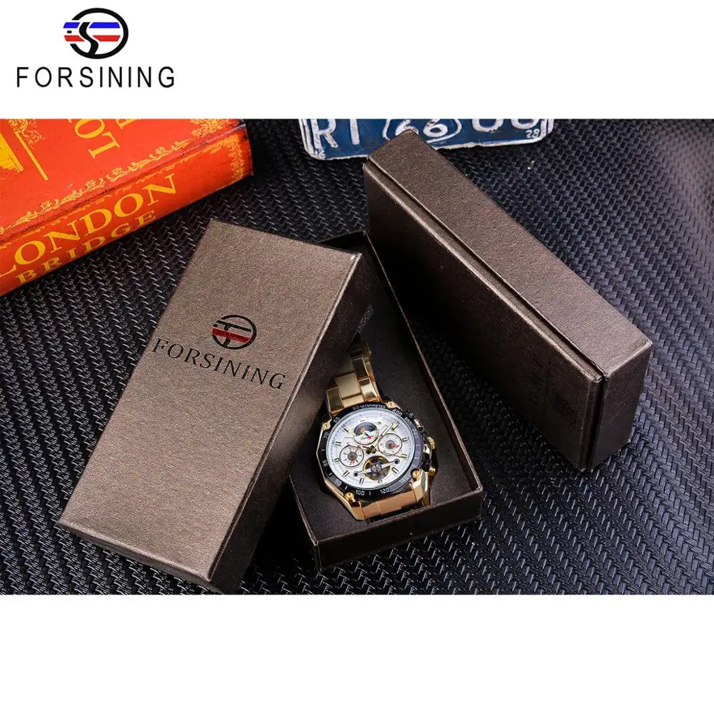 Forsining Классические Золотые Tourbillon механические часы Мужские автоматические Moonphase календари ремни из нержавеющей стали часы Reloj Hombre