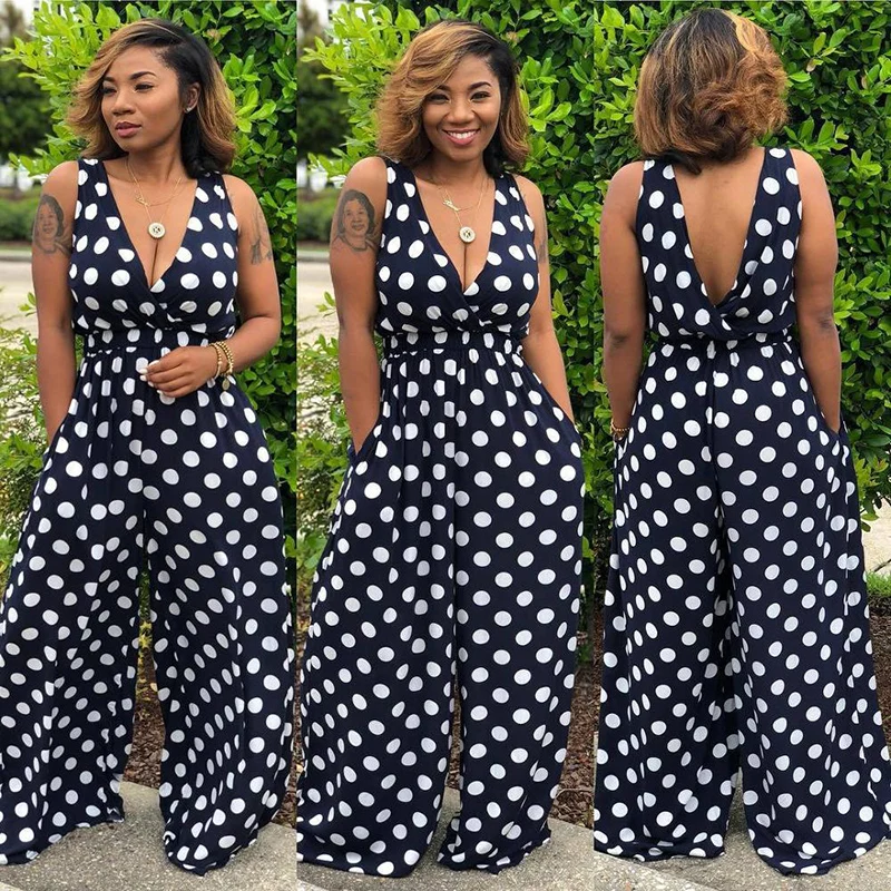 

Women Summer Jumpsuit Polka Dot Printing V Neck Sleeveless Wide Leg Casual Beach Holiday Fashion Vacation Romper Female Playsuit