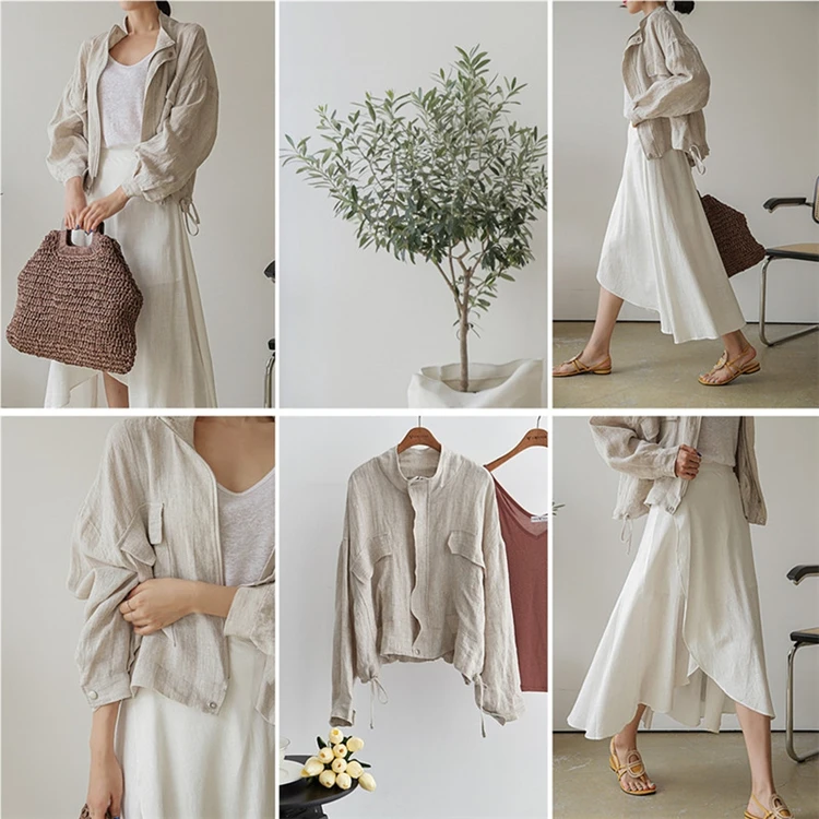 

Ailegogo New 2020 Summer Autumn Women's Jacket Stand Collar Casual Pockets Cargo Cotton and Linen Zipper Short Tops JK8196