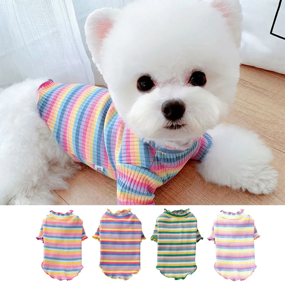 

2021 New Pet Dog Clothes Puppy Vest T-shirt Shirt Cute Pajamas Winter Pet Clothes Dog Cats Cloth Bottoming Rainbow Stripe Shirt