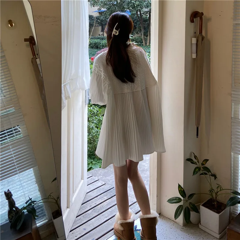 

Kimotimo Women Solid Creasing Dress 2021 Spring Korean Puff Sleeve Loose Thin Knit Stitching Shirt Sleeve Dress Ins Sweet Casual