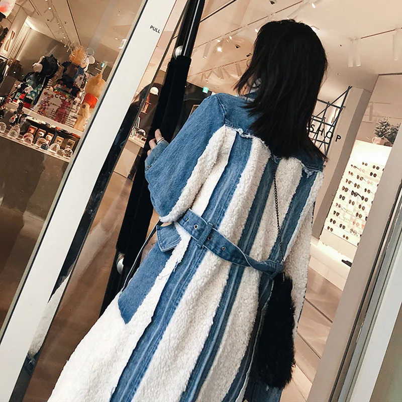 TWOTWINSTYLE Hit Color Patchwork Denim Tassel Trench Coats For Women Lapel Collar High Waist Sashes Windbreakers Autumn New