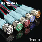 Самоблокирующийся металлический кнопочный переключатель с подсветкой, 3 в, 5 В, 12 В, 24 В, 220 В, 16 мм, плоская головка, мгновенный самосброс