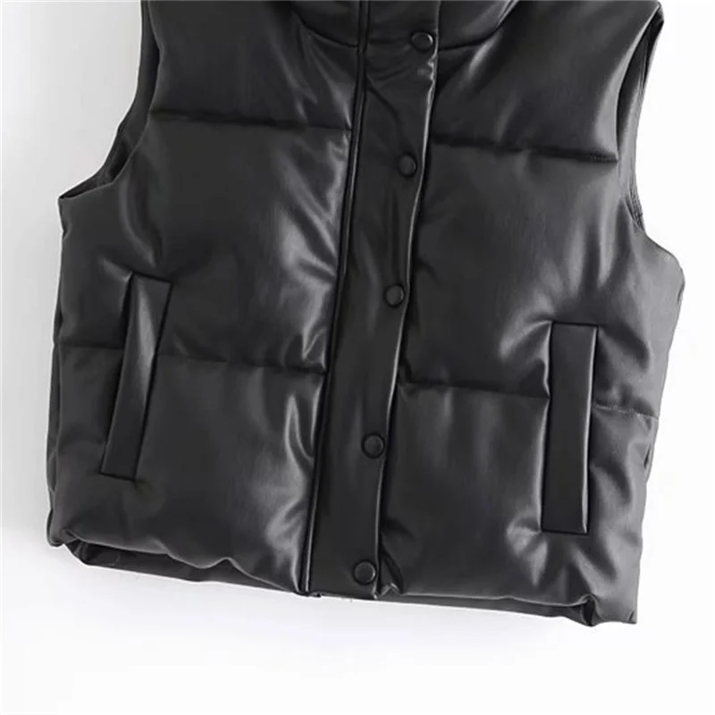 

TRAF Women 2021 Fashion Leather Cotton Cropped Padded Waistcoat Vintage Sleeveless Female Outerwear Streetwear