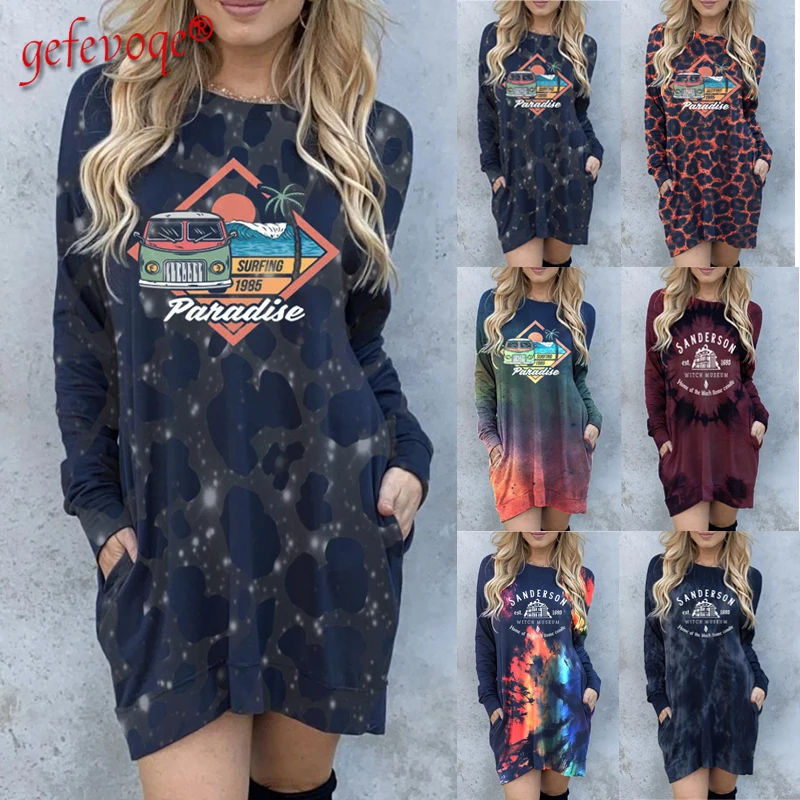 

Autumn Winter 2021 Women Fashion Leopard Graphic Letter Print Long Sleeve Pullover Dresses Casual Pockets Mini Dress Robe Femme