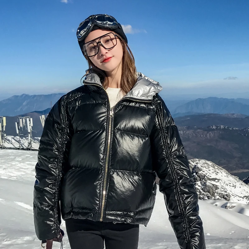 

Winter Lady Hooded White Duck Down Jacket Waterproof Snow Outerwear Parkas Women Double Sided Silver Down Coats