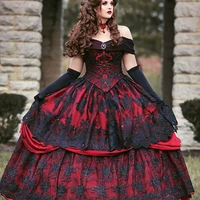 gothic medieval burgundy and black wedding dress long sleeve lace appliques victorian masquerade bridal gown