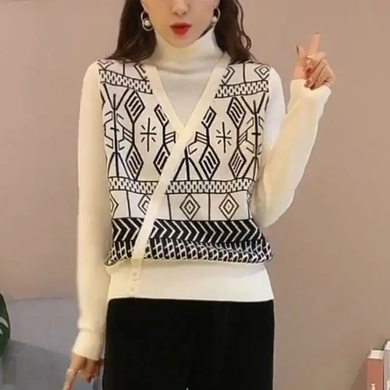 

Пуловер, свитер, Новый Свободный вязаный свитер, пуловер в Корейском стиле, водолазка с геометрическим рисунком, 2021, повседневный жаккардов...