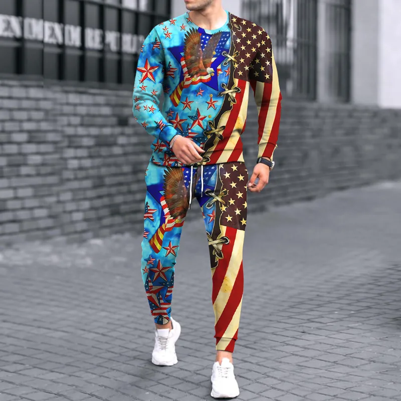 2021Autumn and Winter Men's 3D National Flag Print Round Neck sweater + Trousers 2-Piece Set Fashion Men's Sports Suit Men