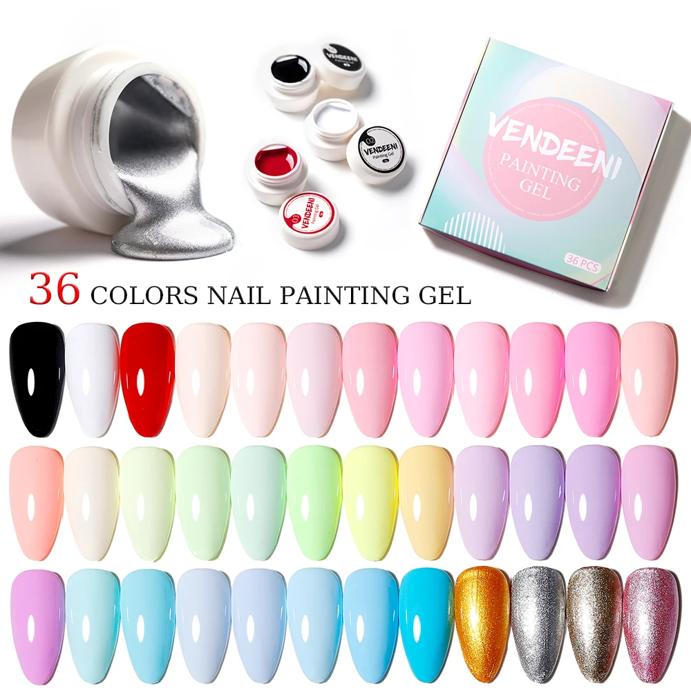 Vendeeni 36 Color Painting Gel Nail Polish Sets Pure Color UV Gel Varnish Thick Jelly Color Mud Drawing Nail Art Gel Lacquer Kit