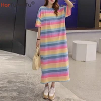 summer korean women rainbow striped ladies loose short sleeve long dresses over knee oversized t shirt vestido