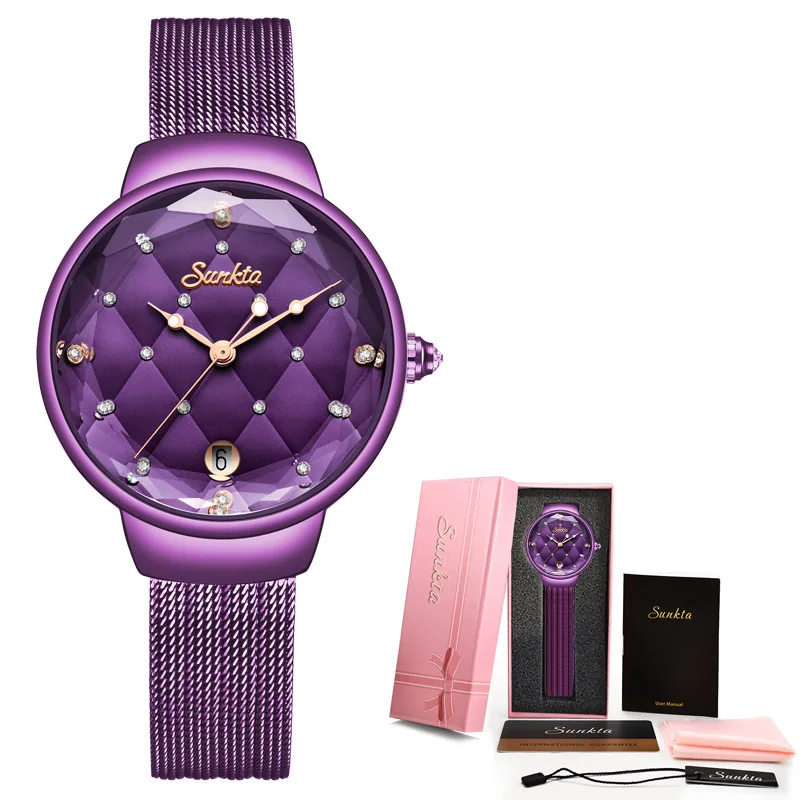 Purple SUNKTA, новинка, женские модные золотые кварцевые часы, женские повседневные водонепроницаемые простые наручные часы, подарок для девушек, жены, Saat Relogio Feminino - Цвет: Purple