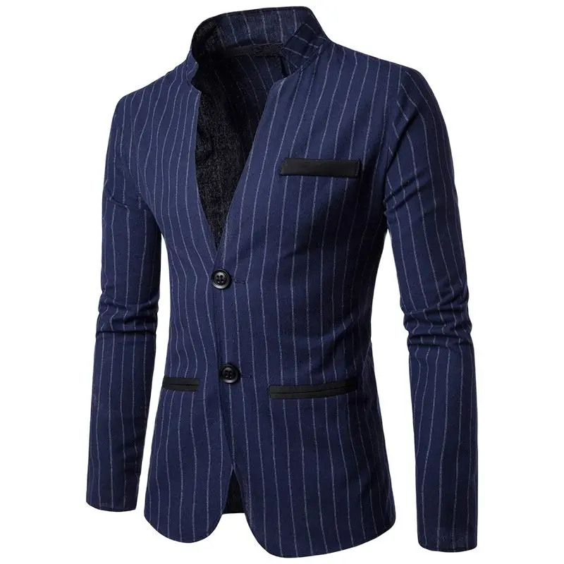 

My Loddy Men Casual Blazer Stand Collar Stripe Jacket New Fashion Formal Suit Jacket Party Prom Tuxedo（One Blazer)