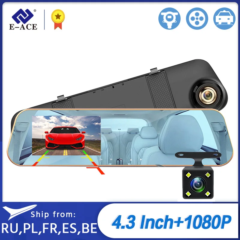 

E-ACE Автомобильный видеорегистратор зеркало Даш Камера 4,3 дюймов видео Регистраторы FHD 1080P Двойной объектив с заднего вида Камера авторегист...